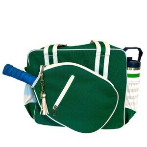 Pink and White Striped pickleball Bag with Green Accents